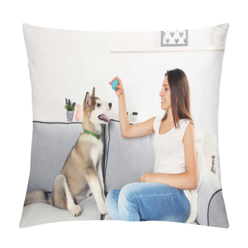 Personality  Woman Playing With Malamute Dog On Sofa In Room Pillow Covers