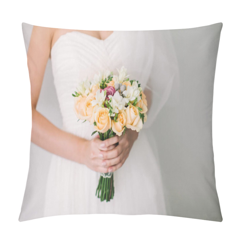 Personality  The Bride Holds A Beautiful Wedding Bouquet In Hand. Beautiful Woman In A Wedding Dress. Pillow Covers