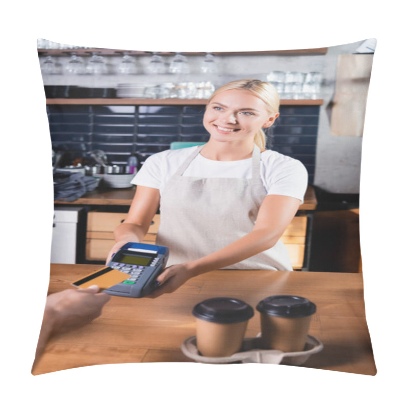 Personality  Smiling Blonde Barista Holding Payment Terminal Near Man With Credit Card And Disposable Cups On Bar Counter Pillow Covers