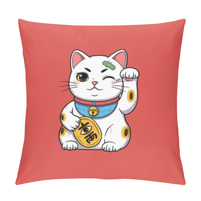 Personality  A Stylized Illustration Of A White Maneki-neko Cat, Holding A Gold Coin And Waving, Set Against A Red Background. Pillow Covers