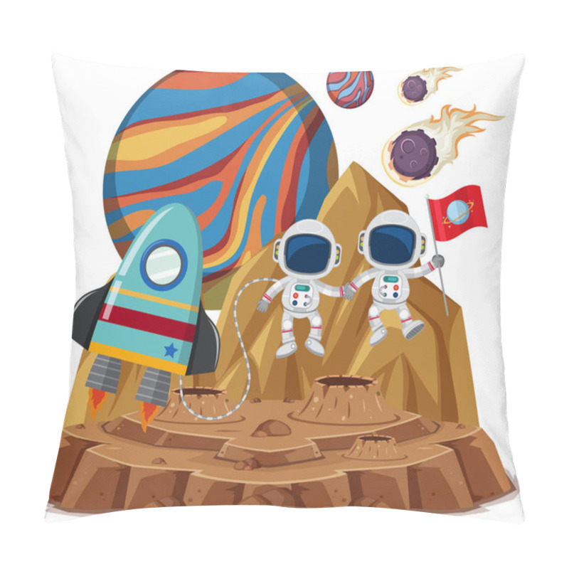 Personality  Space Theme With Astronauts Holding Flag And Spaceship Isolated On White Backgroud Illustration Pillow Covers