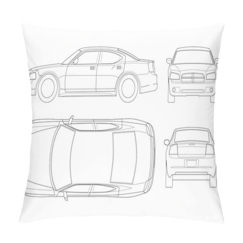 Personality  Sedan Car In Outline. Business Sedan Vehicle Template Vector Isolated On White. View Front, Rear, Side, Top. All Elements In Groups Pillow Covers