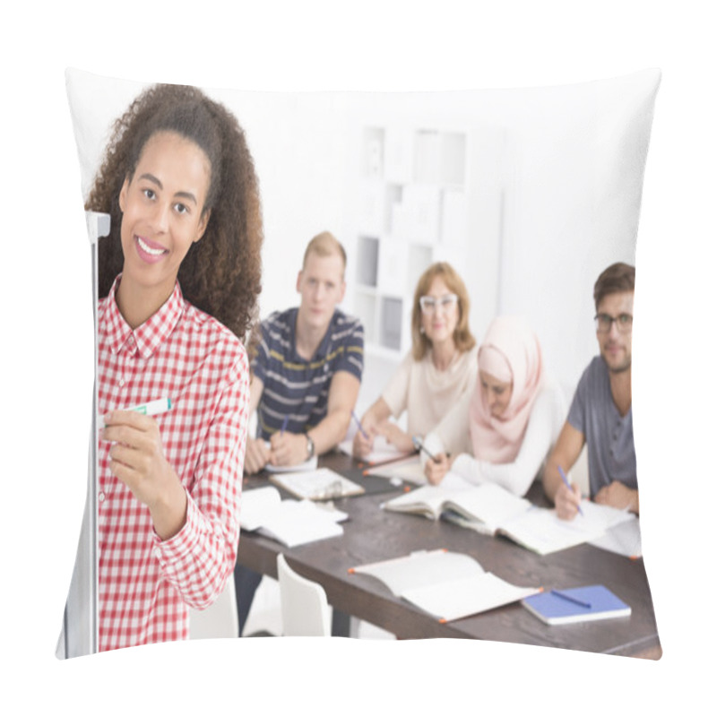 Personality  Smiled Woman Writing On The Whiteboard Pillow Covers