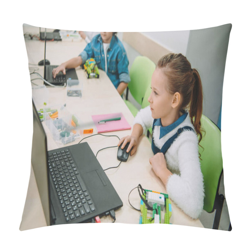 Personality  Little Girl Programming Her Diy Robot With Laptop, Stem Education Concept Pillow Covers