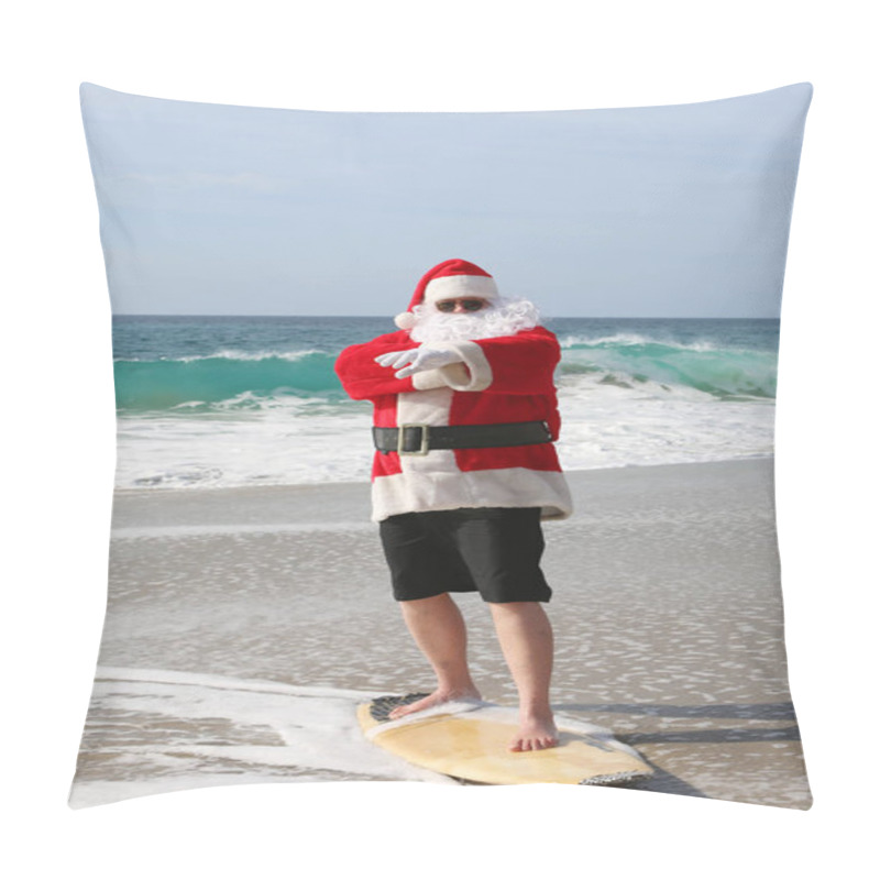 Personality  Surfing Santa. Santa Claus Is Riding A Surf Board. Santa Claus In Sunglasses Surfing In The Ocean. Santa Claus Surfs On His Surf Board While On A Beautiful Beach With A Blue Ocean. Christmas Vacation. Pillow Covers