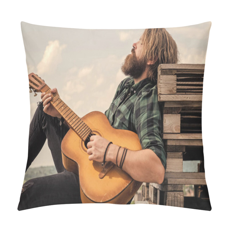 Personality  Mature Bearded Man Looking Casual Trendy Playing Guitar, Relax. Pillow Covers