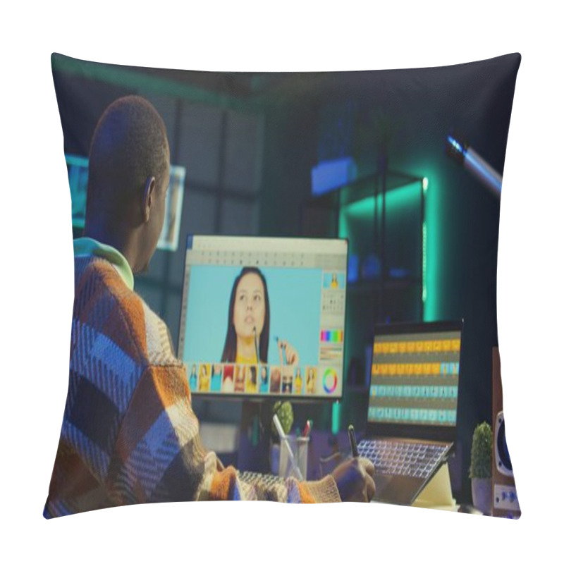 Personality  African American Photo Designer Retouching Images On Dual Monitors In A Tech Driven Industry, Representing Modern Digital Media. Male Graphic Artist Uses Software Tools. Camera B. Pillow Covers