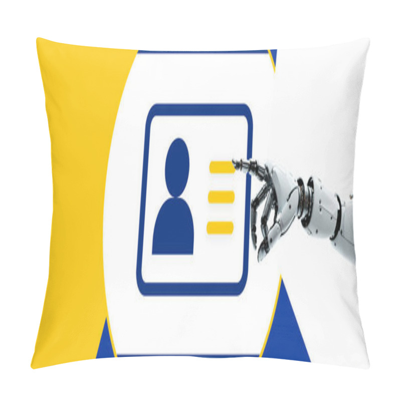 Personality  EID As Electronic Digital Identification Card As Passport Of The The European Union As Background And Robot Arm With Hand Pointing, AI Technology, White Humanoid Android, Artificial Intelligence, Autonomous Robot Design Pillow Covers