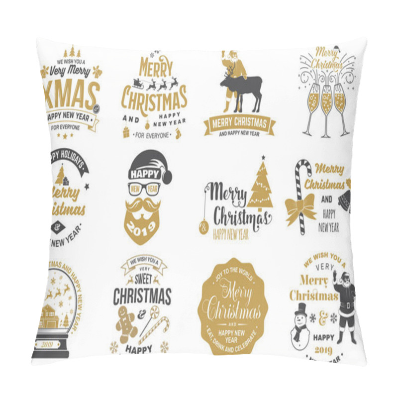 Personality  Set Of Merry Christmas And Happy New Year Stamp, Sticker Set With Snowflakes, Hanging Christmas Ball, Santa Hat, Candy. Pillow Covers