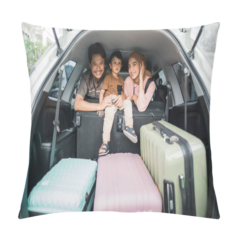 Personality  Happy Asian Muslim Family Going On Road Trip Back Home During Eid Mubarak Celebration Pillow Covers