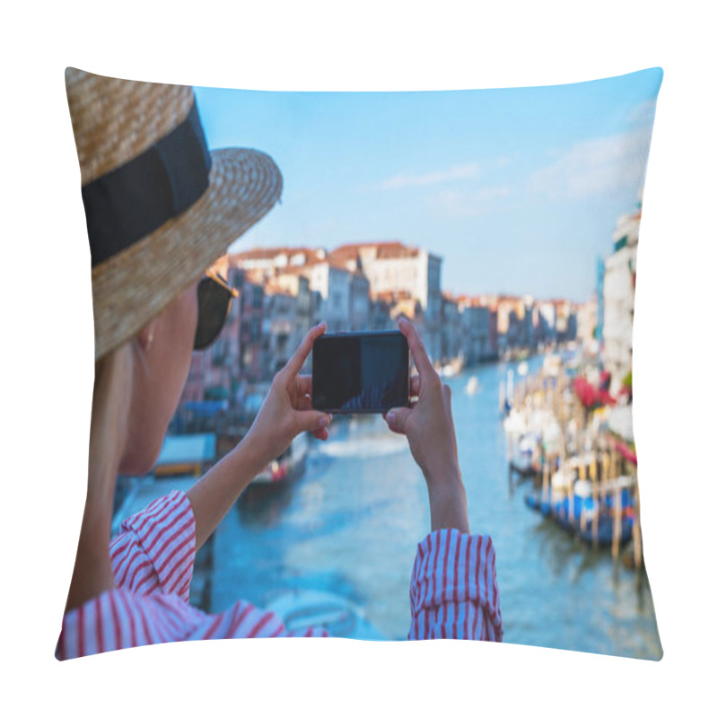 Personality  Panoramic View From The Famous Rialto Bridge Of Grande Canal In Venice, Italy. Outdoor Summer Lifestyle. Young Woman With Smartphone Take Travel Photo. Pillow Covers