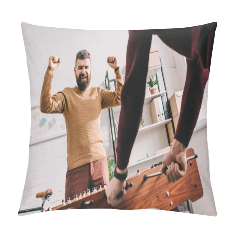 Personality  Adult Man Cheering With Arms In Air And Playing Table Football Game With Friend At Home Pillow Covers