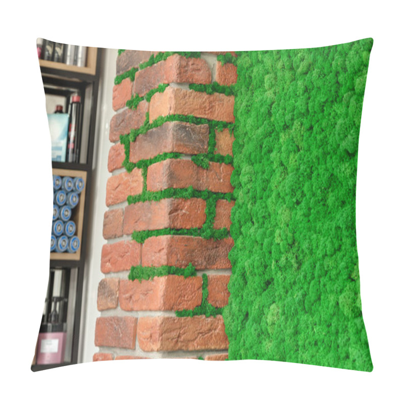 Personality  Brick Wall With Decorative Green Moss And A Shelving In The Background Pillow Covers