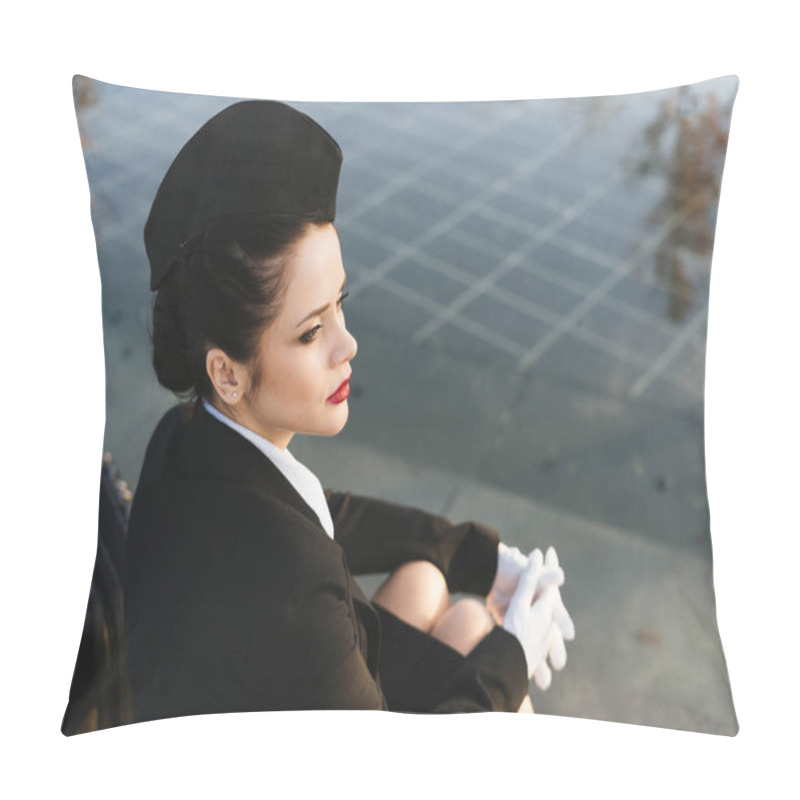 Personality  Sad Stewardess Woman In Uniform Sits Near Suitcase Pillow Covers