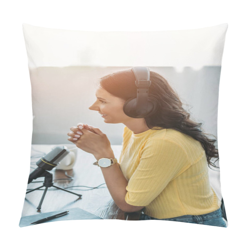 Personality  Pretty Radio Host Smiling While Sitting Near Microphone In Studio Pillow Covers