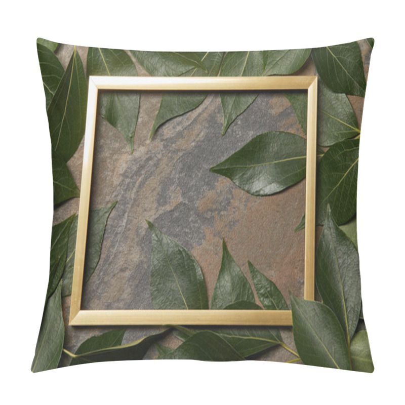 Personality  Top View Of Empty Golden Frame On Stone Background With Copy Space And Green Fresh Leaves Pillow Covers