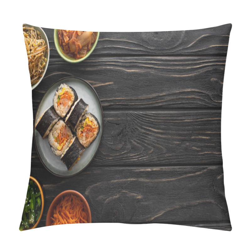 Personality  Top View Of Plate With Fresh Gimbap Near Korean Side Dishes On Wooden Surface  Pillow Covers