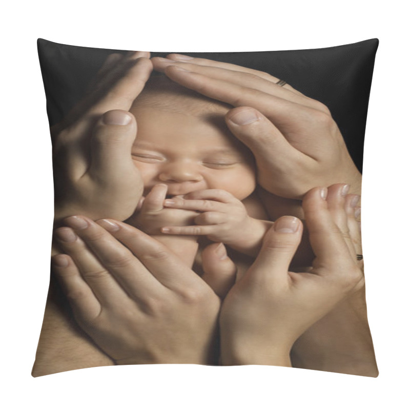 Personality  Family And Baby. New Born Kid In Parents Hands. Child Birth And Care Concept. Newborn Sleeping On Black Background Pillow Covers