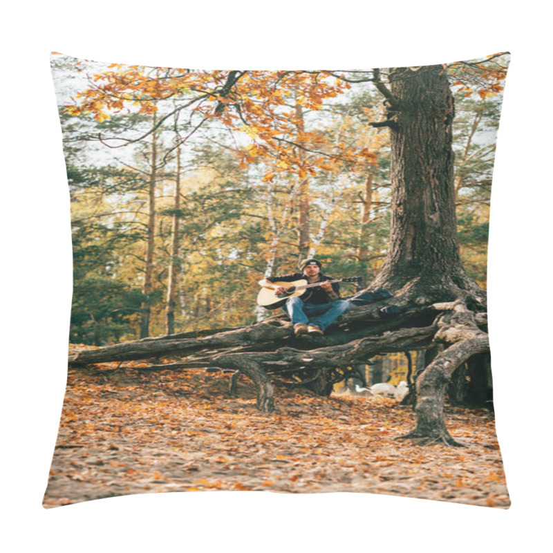 Personality  Adult Male Playing Acoustic Guitar Sitting On Tree In Park  Pillow Covers