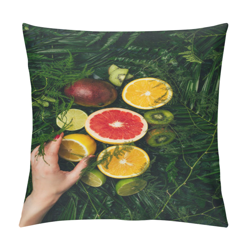 Personality  Cropped View Of Woman Touching Fresh Fruits On Palm Leaves Pillow Covers