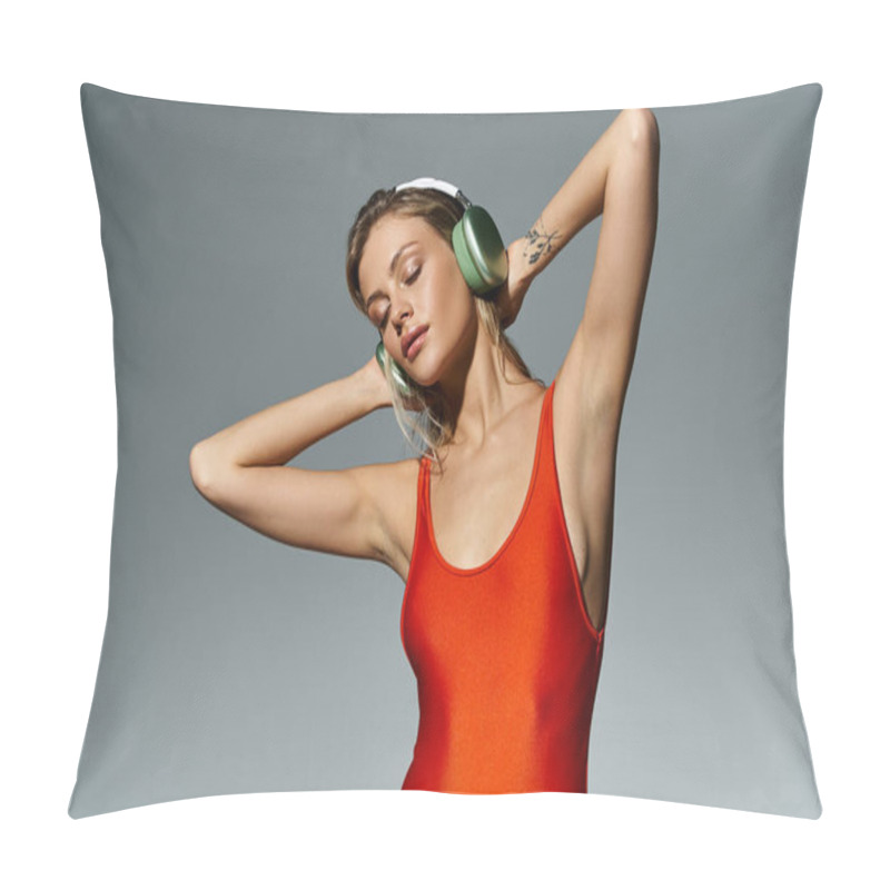 Personality  Blonde Woman In Orange Swimsuit, Enjoying Music With Headphones. Pillow Covers