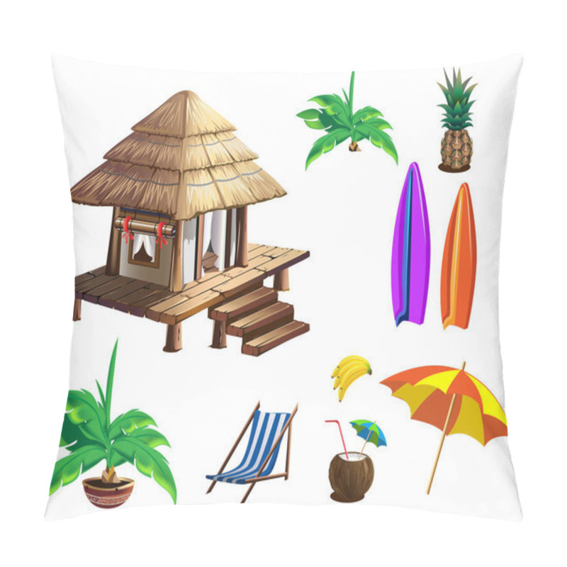 Personality  Tropical Hut With Thatched Roof. Summer Holidays In The Tropics By The Ocean. Isolated Vector Illustration In Cartoon Style Isolated On White Background. Set Pillow Covers