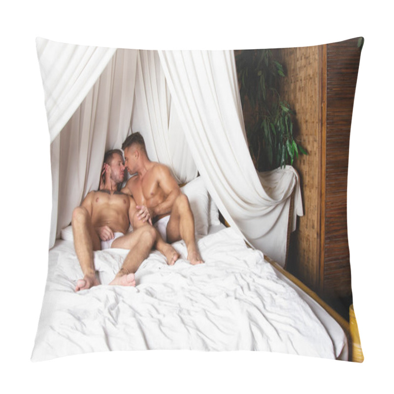 Personality  Love And Romance. Young Attractive Couple Is Resting At Home On The Bed. Pillow Covers