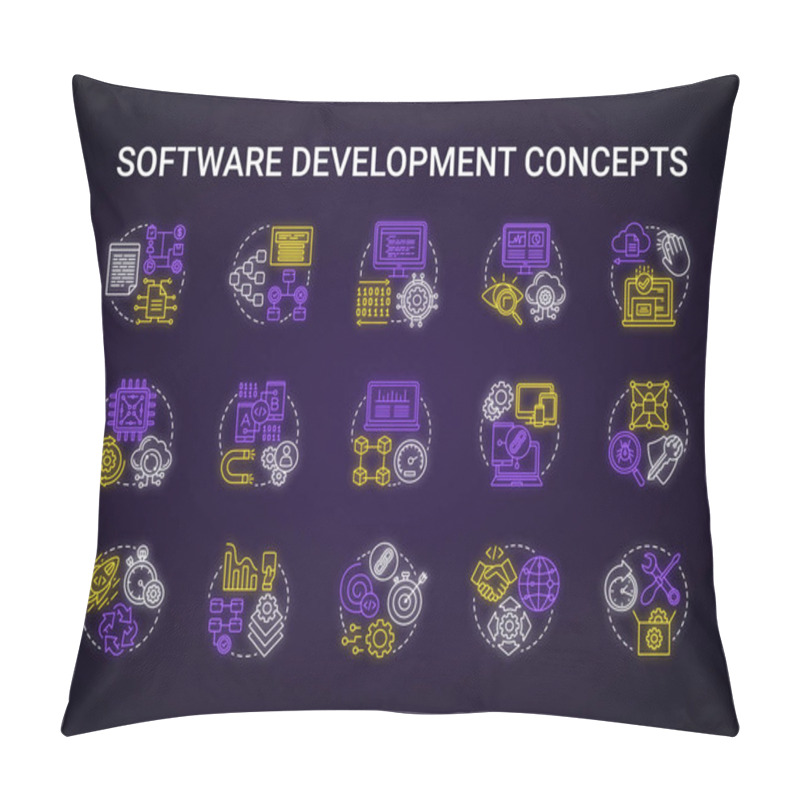 Personality  Software Development Neon Light Concept Icons Set. Designing, Programming, Testing, Fixing And Maintaining Programs. App Creation Idea. Glowing Vector Isolated Illustration Pillow Covers