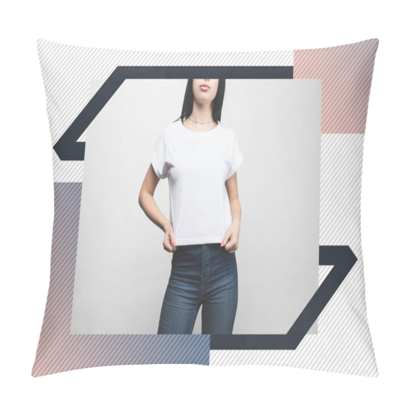 Personality  Young Woman In Blank T-shirt On White With Creative Frame Pillow Covers