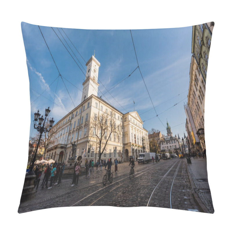 Personality  LVIV, UKRAINE - OCTOBER 23, 2019: People And Vehicles Near Lviv City Hall Pillow Covers