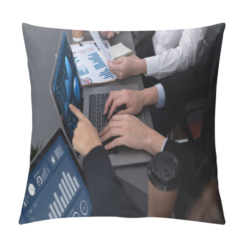 Personality  Business Team Analyze Business Analytic Or Business Intelligence Dashboard On Laptop Screen Show Graph And Chart With Statistic In Harmony Office. Analyst Team Meeting Researching, Planning Strategy. Pillow Covers