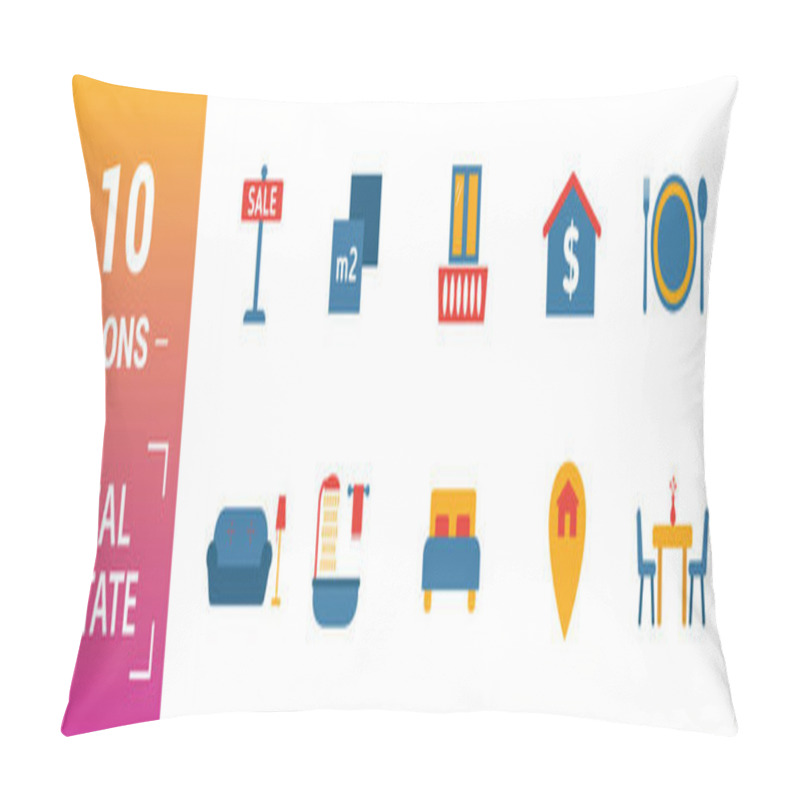 Personality  Real Estate Icon Set. Include Creative Elements For Sale, Rent Sign, House Location, Living Room, Elevator Icons. Can Be Used For Report, Presentation, Diagram, Web Design Pillow Covers