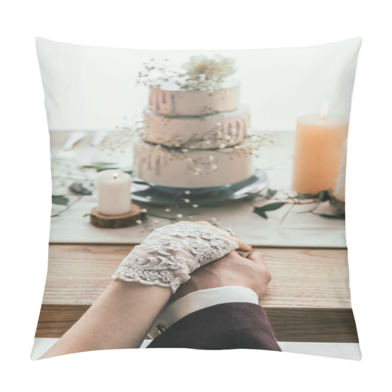 Personality  Partial View Of Newlyweds Holding Hands While Sitting At Served Table With Wedding Cake, Rustic Wedding Concept Pillow Covers