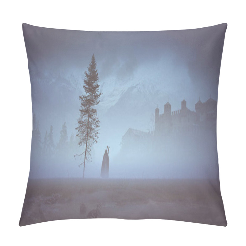 Personality  Warlock Walking In The Mist Near An Old Fir And A Little Lake With A Skeleton A Castle In The Background In Mountains - Concept Art - 3D Rendering  Pillow Covers