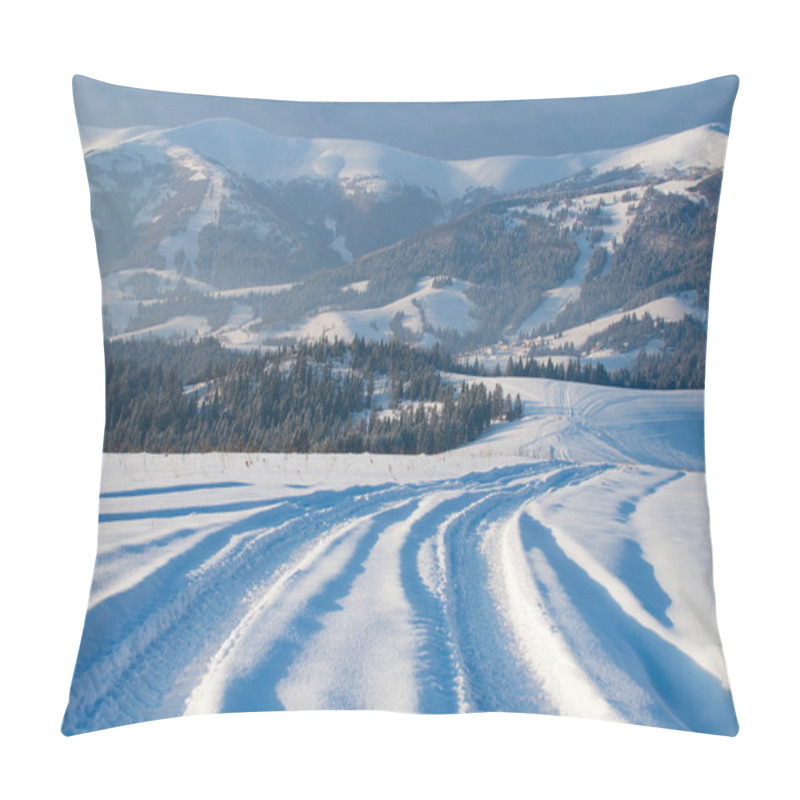 Personality  Winter Mountain Landscape With Track Road. Ukraine, Carpathians Pillow Covers