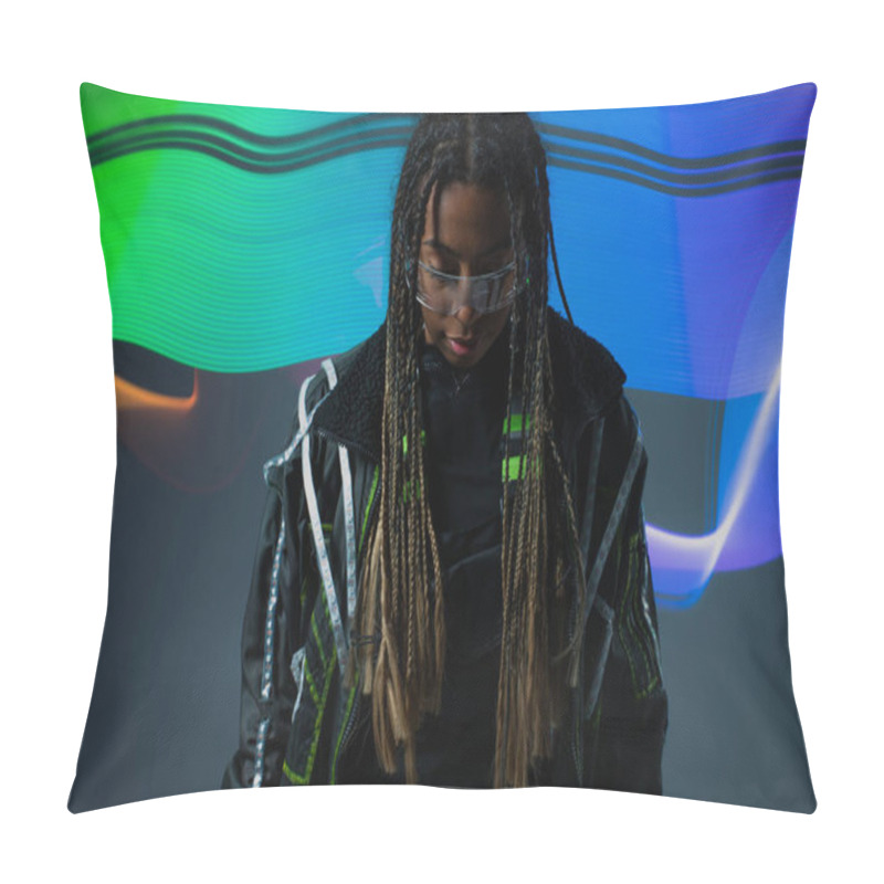 Personality  African American Woman In Smart Glasses Standing Near Abstraction On Grey Background  Pillow Covers