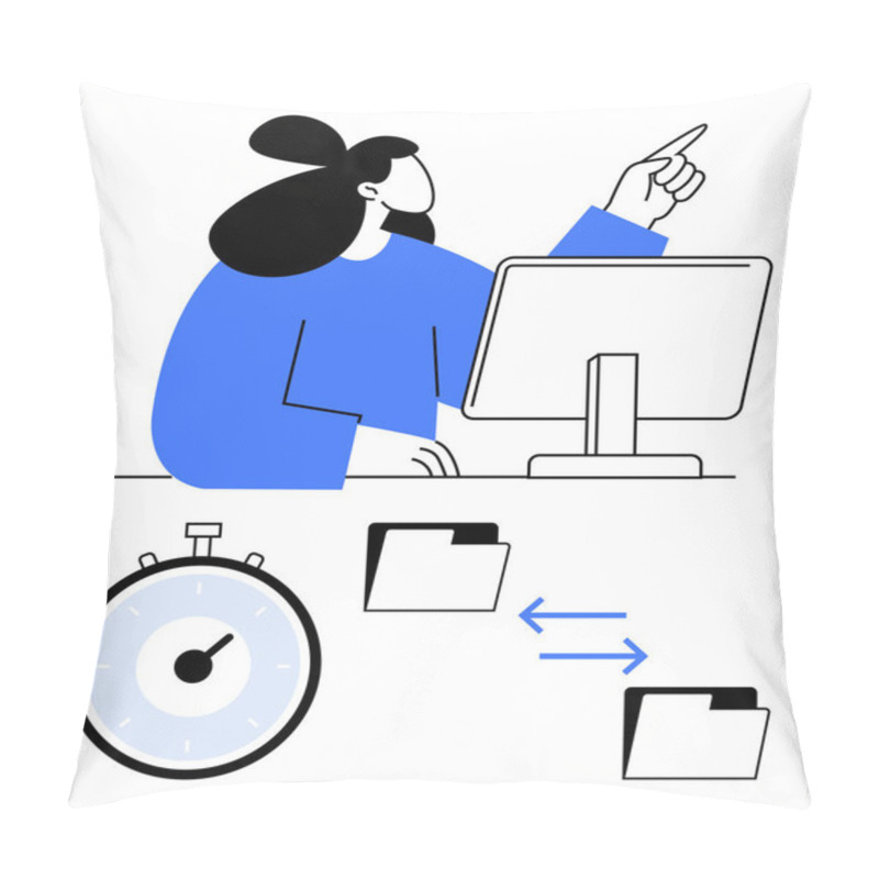 Personality  Woman With Computer, Stopwatch, And File Folders With Arrows Signifying Data Transfer And Task Management. Ideal For Productivity, Time Management, Workflow Optimization, Office Work, Organization Pillow Covers