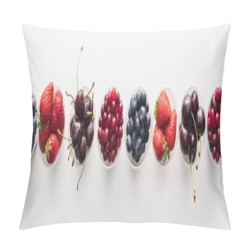 Personality  Panoramic Shot Of Fresh And Ripe Strawberries, Blueberries, Cherries And Cranberries In Plastic Cups  Pillow Covers