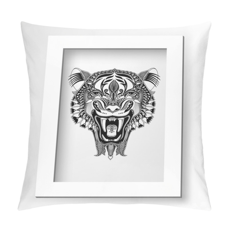 Personality  Black Drawing Head Tiger Drawing With The Opened Fall In White M Pillow Covers