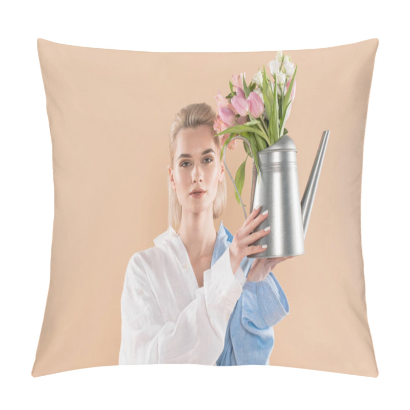 Personality  Beautiful Girl Holding Watering Can With Flowers And Standing In Eco Clothing Isolated On Beige, Environmental Saving Concept  Pillow Covers