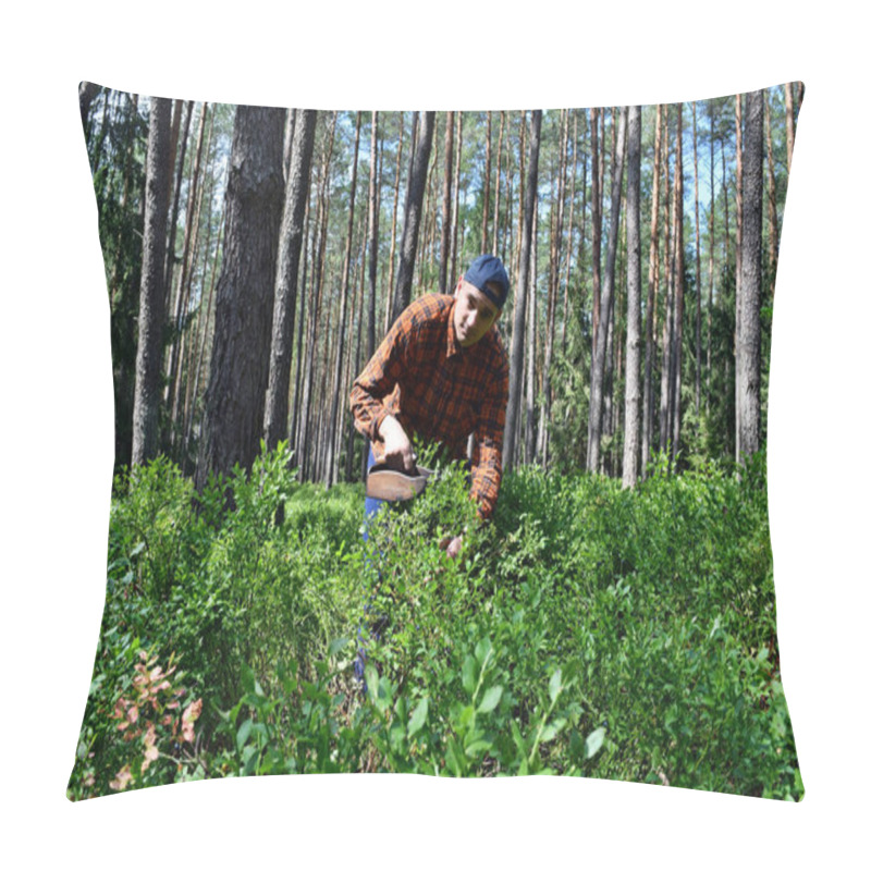 Personality  Young Man Collects Blueberries With A Special Comb In The Forest Pillow Covers