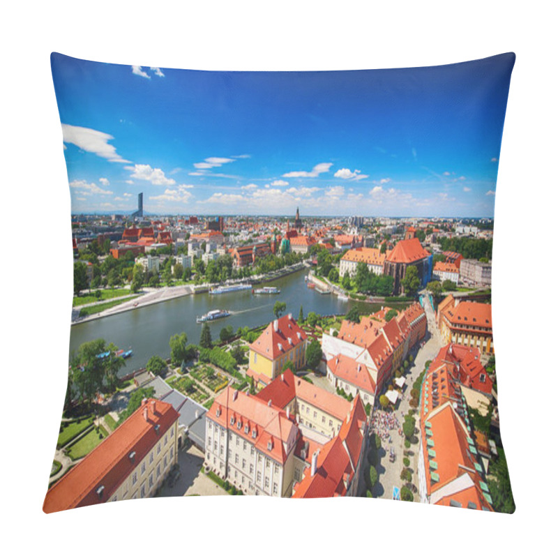 Personality  WROCLAW, POLAND - JULY 29, 2017: Aerial View Of Wroclaw. Old Town And Cathedral Island (Ostrow Tumski) Is The Oldest Part Of The City. Odra River, Boats And Historic Buildings On A Summer Day. Pillow Covers