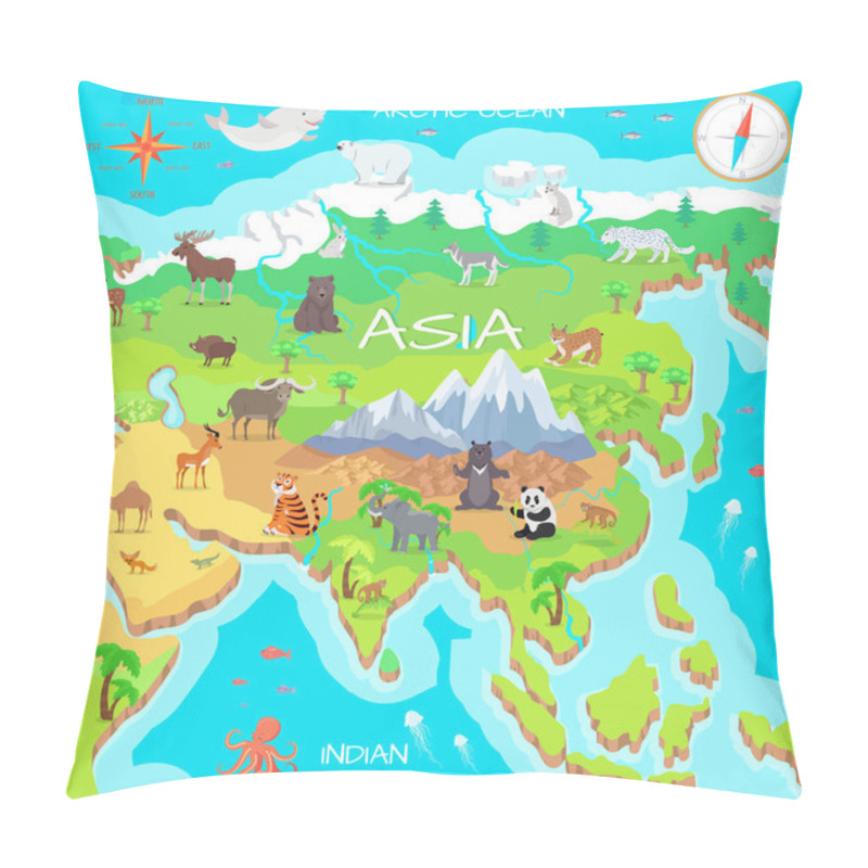 Personality  Asia Mainland Cartoon Map With Fauna Species Pillow Covers