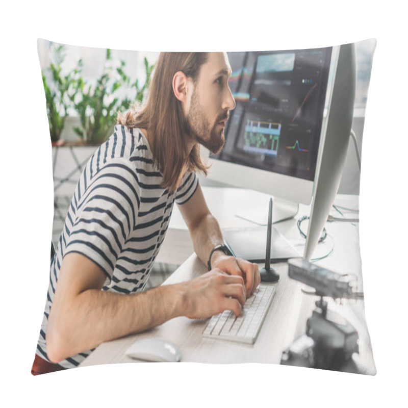 Personality  Side View Of Bearded Art Editor Working In Studio  Pillow Covers