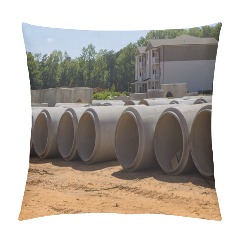 Personality  Concrete Cement Sewage Pipes Are Used To Construct Drainage Systems For Industrial Buildings On Construction Site In Order Dispose Of Waste Water. Pillow Covers