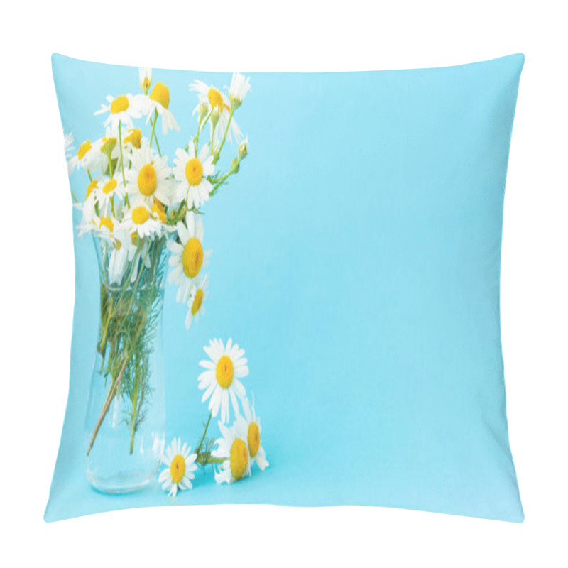 Personality  Beautiful Summer Bouquet Of White Daisies In A Glass Transparent Vase On A Blue Background. Copy Space. Banner Pillow Covers