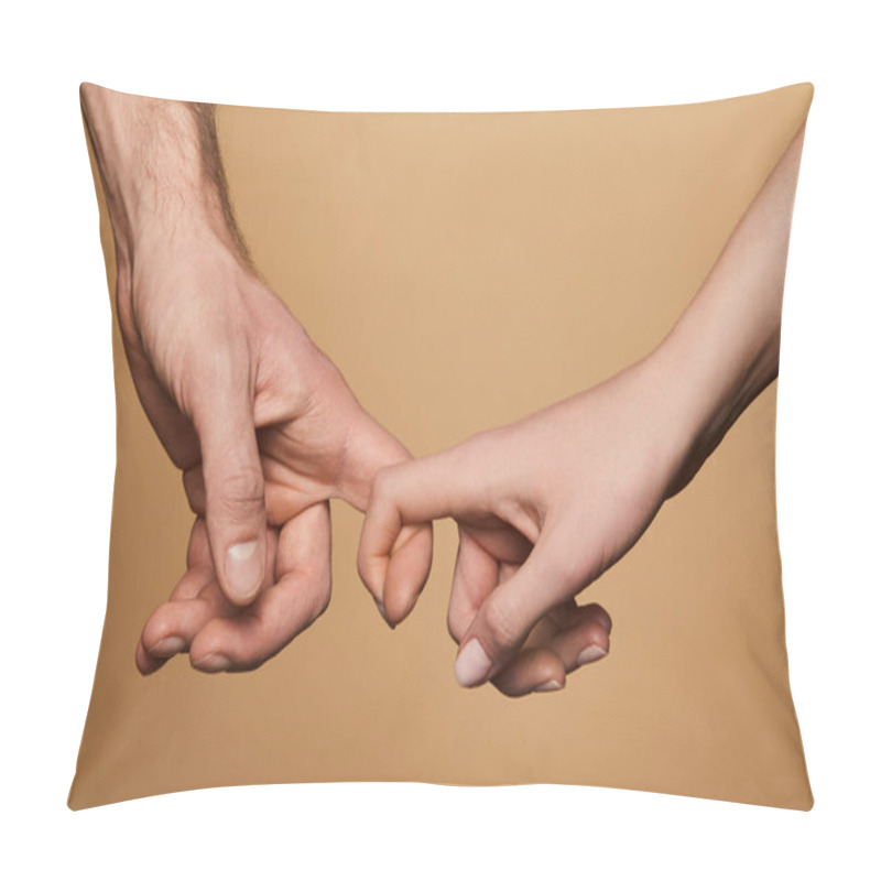 Personality  Cropped View Of Man And Woman Holding Fingers Isolated On Beige Pillow Covers