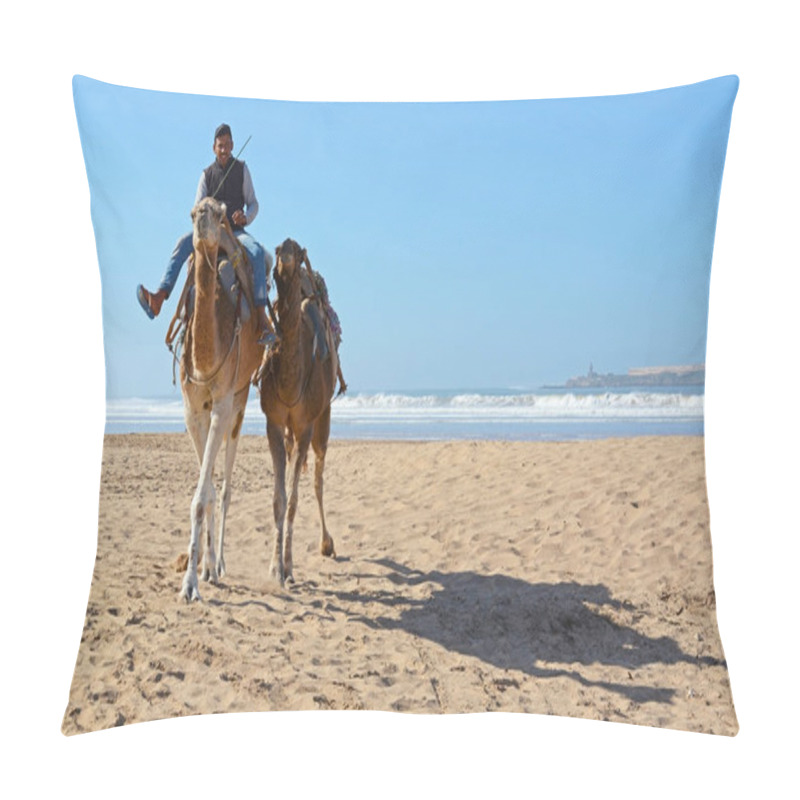 Personality  Essaouira, Morocco -  January 5, 2016: Camel Caravan At The Beach Of Essaouira Pillow Covers