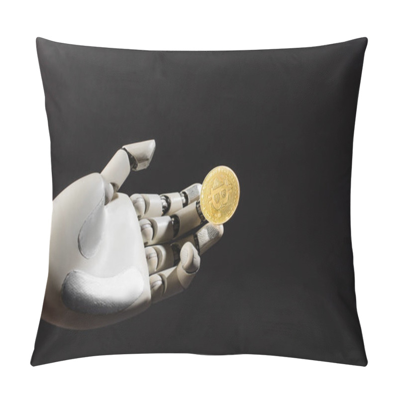 Personality  KYIV, UKRAINE - APRIL 26, 2022: Golden Bitcoin On Robotic Hand Isolated On Black  Pillow Covers