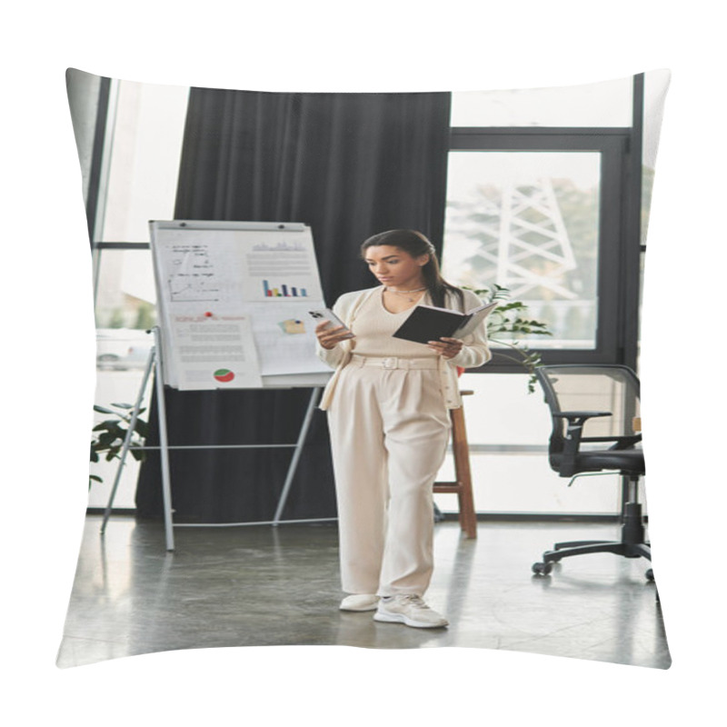 Personality  The Young Woman Stands Confidently In A Bright Office, Reviewing Her Notes Before A Presentation. Pillow Covers